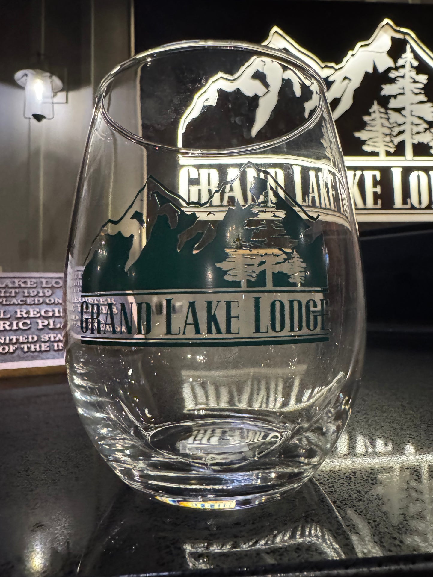 WINE Glass GLL Grand Lake Lodge Stemless green logo new