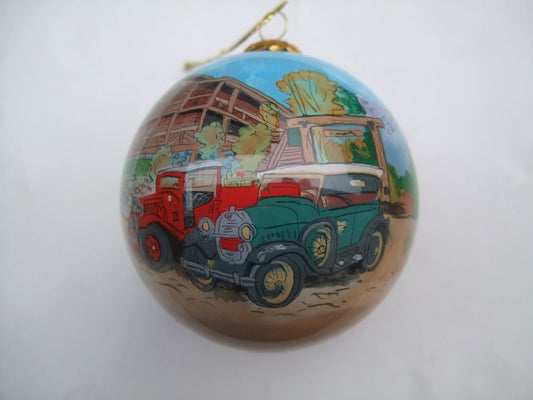 Hand Painted Glass Ball Ornament w/Black Box Custom Grand Lake Lodge w/Vintage Cars